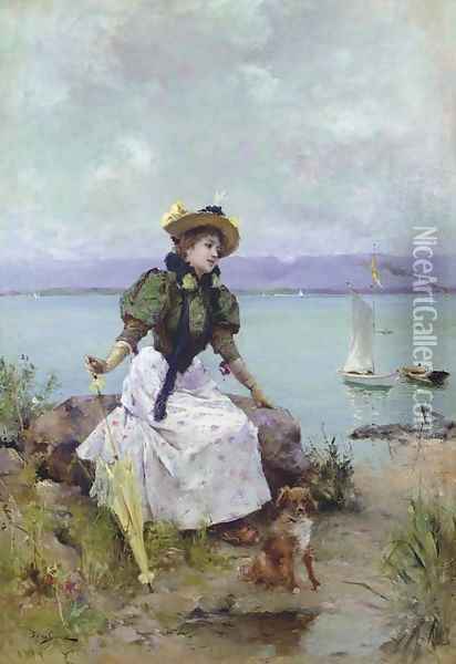 A Young Girl with a Parasol Oil Painting - Auguste Emile Pinchart
