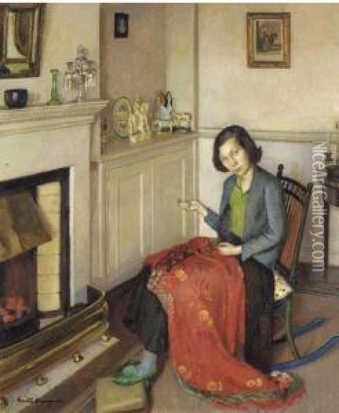 The Red Silk Shawl Oil Painting - Harvey Harold