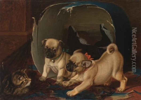 Friend Or Foe (two Pugs Playing With A Kitten) Oil Painting - Horatio Henry Couldery