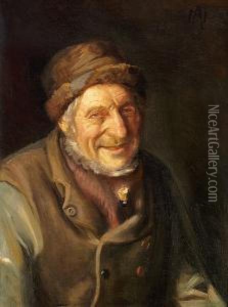 A Smiling Old Man From Skagen With A Bottle Tucked Into His Waistcoat Oil Painting - Michael Ancher
