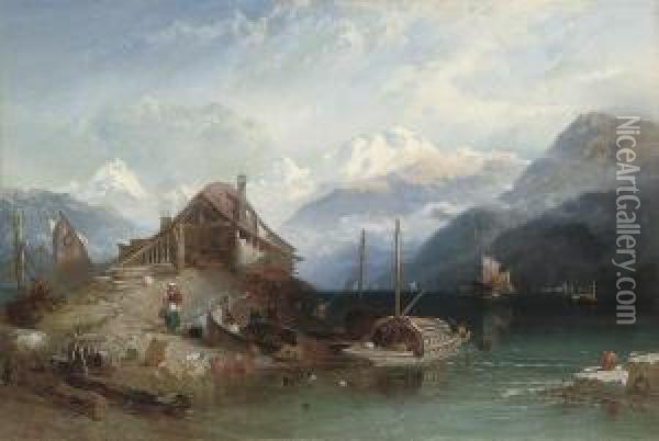 Lake Thun, Bernese Alps Beyond Oil Painting - Harry John Johnson