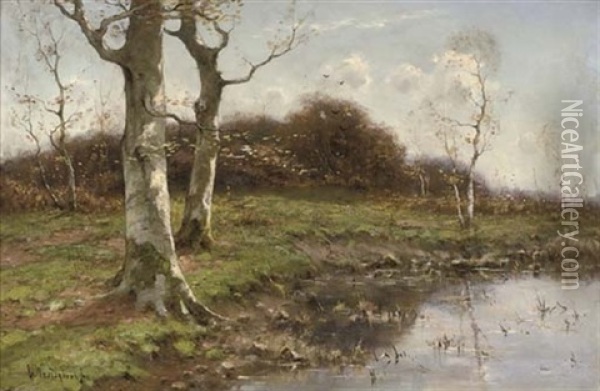 Trees On A Riverbank Oil Painting - Cornelis Westerbeek Jr.