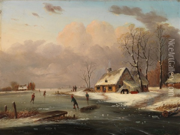 Skating In Winter Oil Painting - Cornelius David Krieghoff
