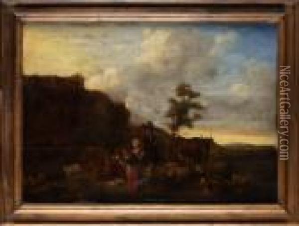 Pastoralt Landskap Med Boskap Och Herdep Oil Painting - Nicolaes Berchem