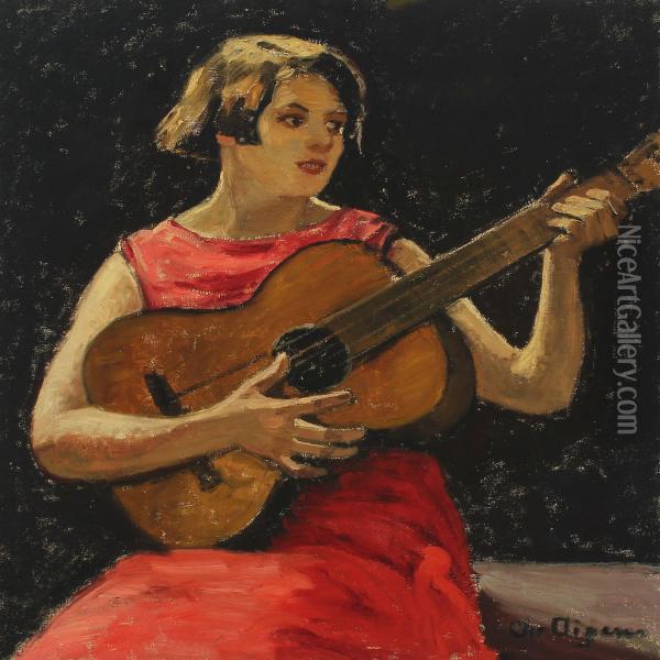Young Girl In Red Dress Playing The Guitar Oil Painting - Christian Aigens