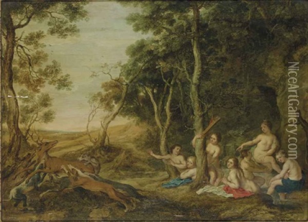 The Death Of Actaeon, With Diana And Her Nymphs In A Wooded Landscape Oil Painting - Artus Wolfaerts