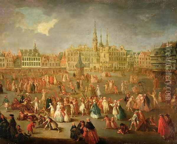 The Grand Place during Mardi Gras, Cambrai, 1765 Oil Painting - Gabriel Jacques de Saint-Anton