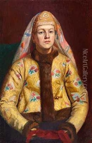A Portrait Of A Young Woman In Traditional Russian Attire Oil Painting - Karl Bogdanovich Wenig