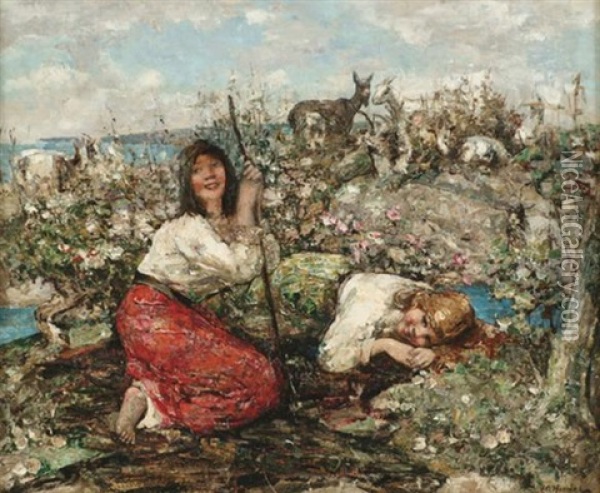 The Young Goatherds Oil Painting - Edward Atkinson Hornel
