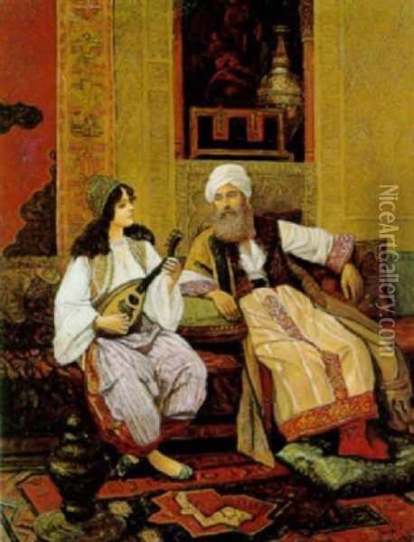 Orientalsk Interior Med Ung Pige, Der Spiller For En Skaegget Mand Oil Painting - Stephan Sedlacek