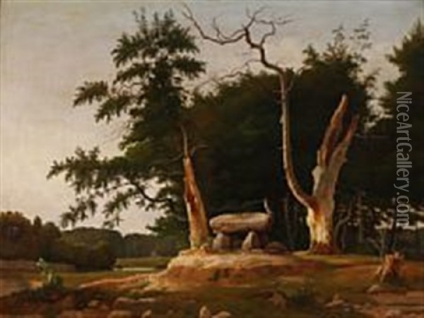 Landscape With A Bird Of Prey Sitting On A Dolmen Oil Painting - Asmus Kaufmann