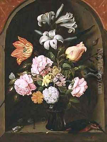 A Still Life of Flowers in a Vase and a Kingfisher on a Ledge Oil Painting - Jan Baptist van Fornenburgh
