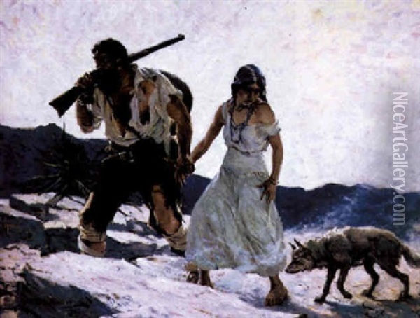 Bedraggled Couple And Dog Walking Through Desert Oil Painting - William Henry Dethlef Koerner