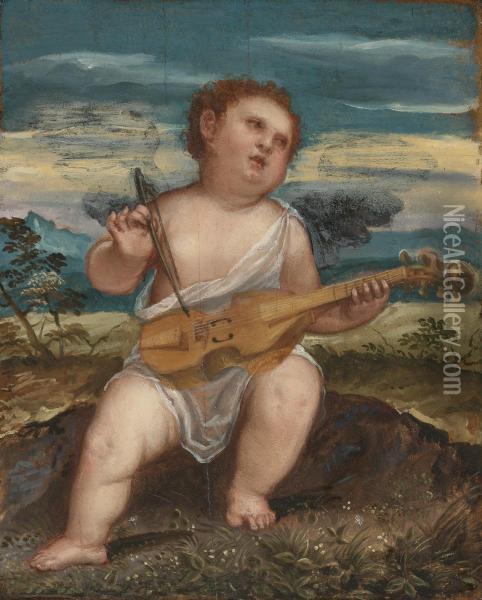 Cupid With A Violin In A Landscape Oil Painting - Bonifacio Veronese (Pitati)