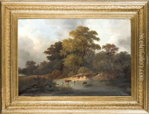 Kuhe Am Fluss Oil Painting - Christian (Johann Chr. Leberecht) Grabau