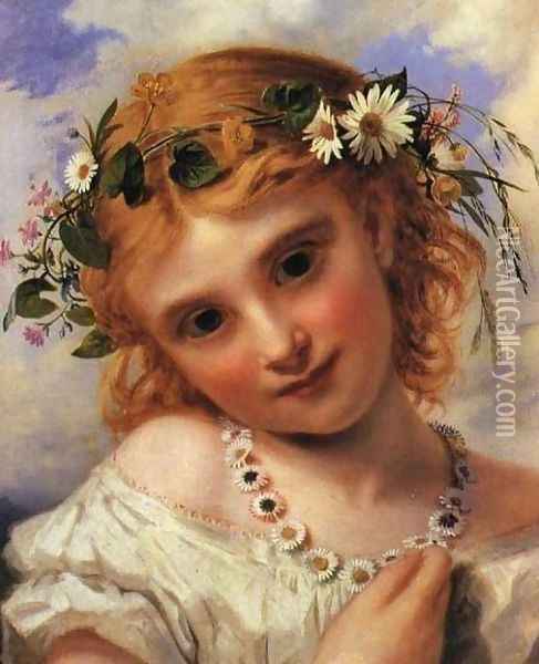 Young Girl with a Garland of Marguerites Oil Painting - Sophie Gengembre Anderson