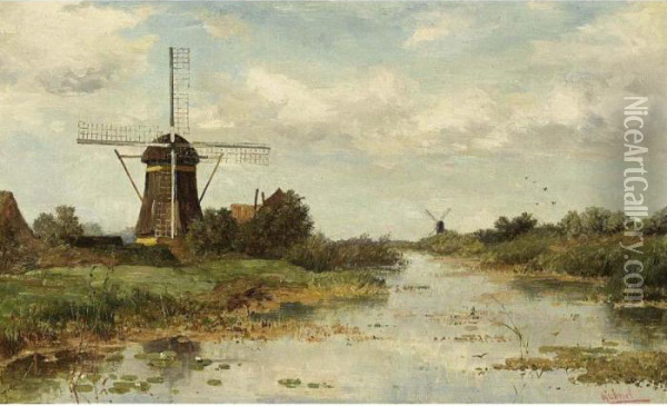 Windmills In A Landscape Near Abcoude Oil Painting - Paul Joseph Constantine Gabriel