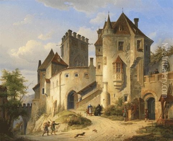 Burg Mit Staffagefiguren Oil Painting - Simon Quaglio