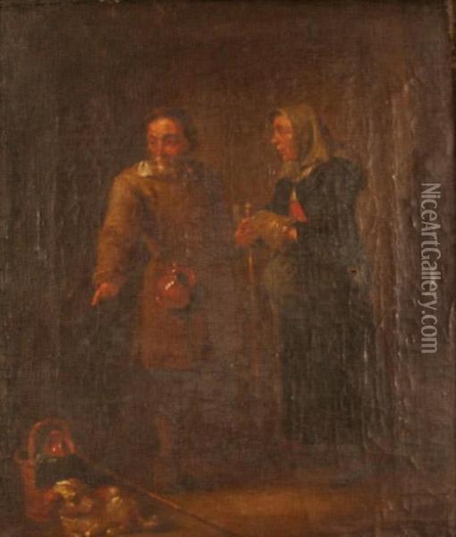 Interior Scene With An Elderly 
Couple In Conversation Looking Towards A Spaniel And A Basket Oil Painting - David The Younger Teniers
