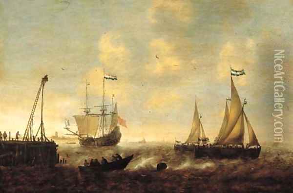Smallships, a threemaster and a pink on a river by a jetty in a stiff breeze, a town in the distance Oil Painting - Jacob Adriaensz. Bellevois