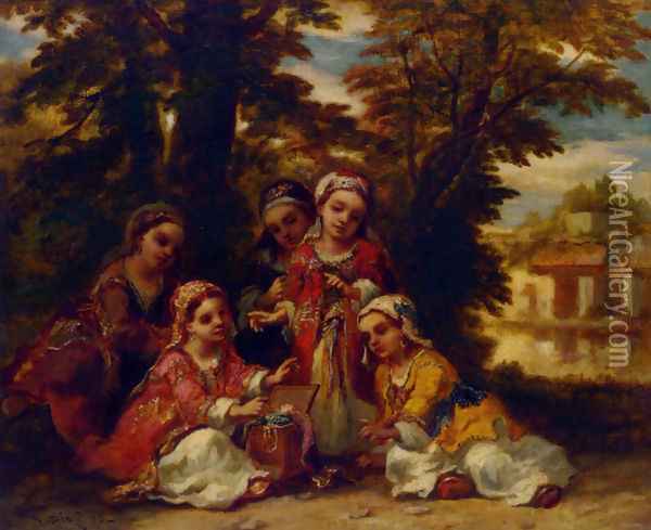 Enfants turcs:cinq fillettes jouant a l'ombre de grands arbres Oil Painting - Narcisse-Virgile Diaz de la Pena