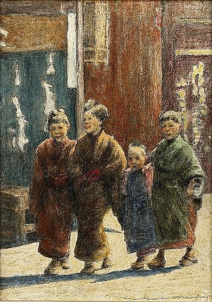 Japanese Children In The Street Oil Painting - Mortimer Luddington Mempes