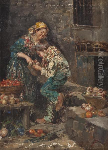 Italienische Marktfrau Am Obststand Oil Painting - Fausto Giusto