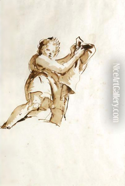 Study Of A Youth Holding Up A Cloak To The Right, Seen From Below Oil Painting - Giovanni Battista Tiepolo