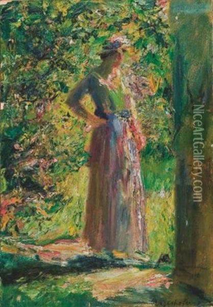 Stehende Dame Im Garten Oil Painting - Max Mayrshofer