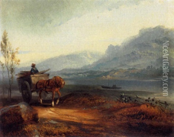 Man On A Wagon In A Mountainous Landscape Oil Painting - Josefus Gerardus Hans