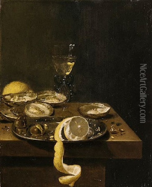 A Still Life Of A Peeled Lemon With Chestnuts Upon A Pewter Dish, Together With Oysters, A Wine Glass And A Lemon, All Upon A Table Top Oil Painting - Jan van de Velde III