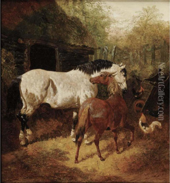 Farmyard Scene With Horses And Roosters Oil Painting - John Frederick Herring Snr