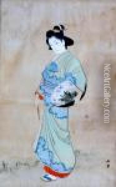 Samurai (together With A Print Of A Lady) Oil Painting - Utagawa Kuniyoshi