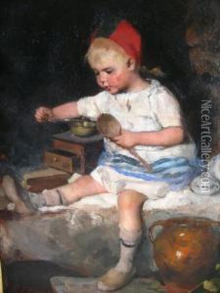 Young Girl With Wooden Spoon & Coffee Mill Oil Painting - Emma Ekwall