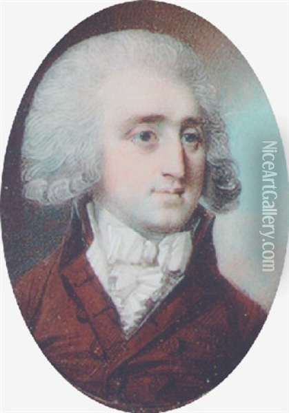 A Fine Portrait Of A Gentleman, With Powdered Hair, Wearing A Brown Coat, A White Waistcoat And A Frilled Cravat Oil Painting - George Engleheart