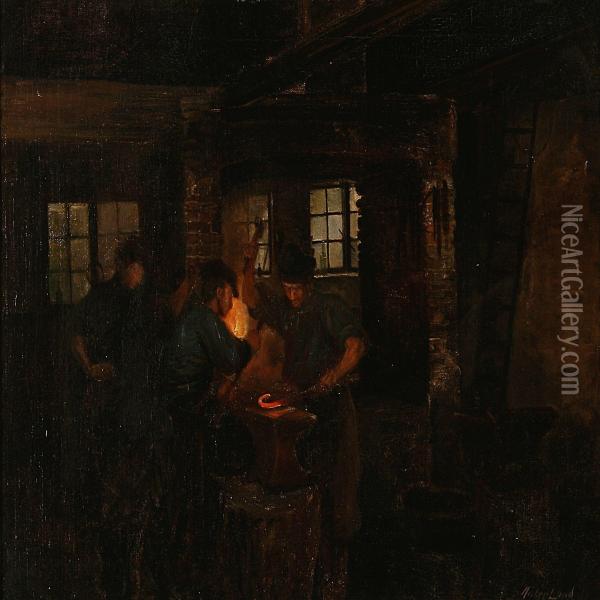 Blacksmiths In Work Oil Painting - Anker Lund