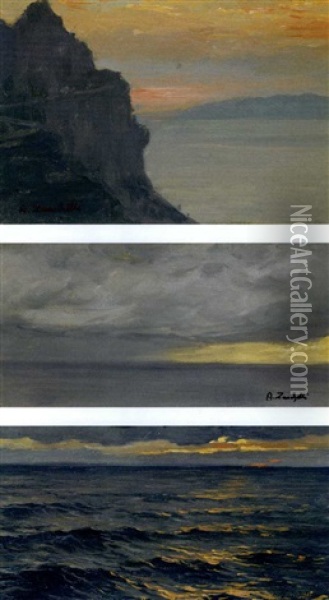 Tre Marine Ed Un Paesaggio (3 Works, 2 Smaller) Oil Painting - Attilio Zanchelli