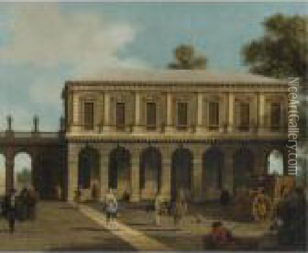 A Capriccio Of The Prisons Of San Marco Set In A Piazza With Acoach And Townsfolk Oil Painting - (Giovanni Antonio Canal) Canaletto