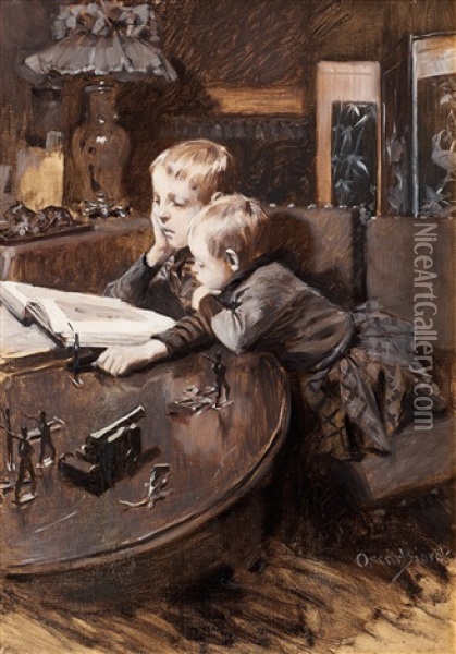 Children Reading Oil Painting - Gustaf-Oskar Bjoerk