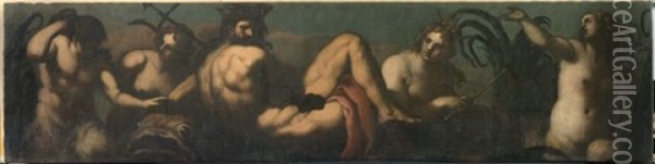 La Rencontre Des Nereides Et Des Tritons, Au Centre, Le Dieu Neptune Oil Painting - Jacopo Palma il Giovane