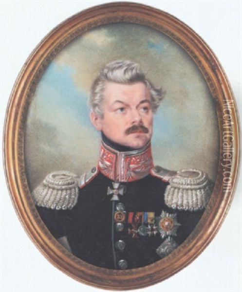 An Officer Wearing Dark Green Coat With Red Collar, Silver Buttons And Epaulettes, Star And Badge Of The Prussian Order Of The Red Eagle, A Service Medal For Fifteen Campaigns Oil Painting - Stanislaw Marszalkiewicz