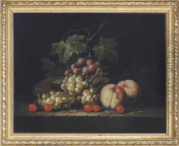 Grapes, Peaches And Cherries On A Stone Ledge Oil Painting - George William Sartorius