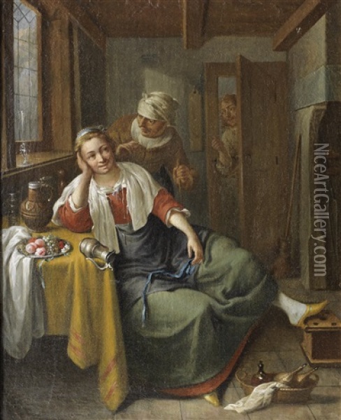 A Young Woman And Her Maid In An Interior, A Man At The Door Oil Painting - Jacob Duck