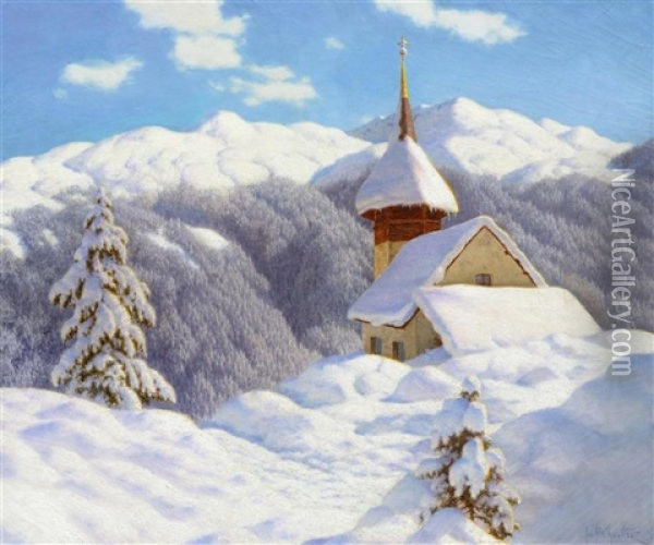 A Snowy Winter Landscape With A Small Church, Probably In The Sertig Valley Oil Painting - Ivan Fedorovich Choultse