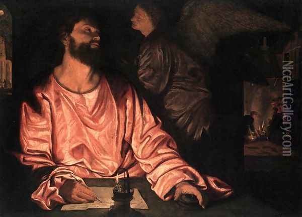 St Matthew and the Angel c. 1534 Oil Painting - Giovanni Girolamo Savoldo