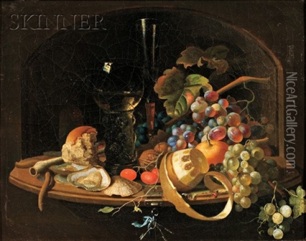 Still Life With Romer, Fruit, And Oysters On A Ledge Oil Painting - Willem Claesz Heda