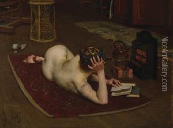 Nude Reading At Studio Fire Oil Painting - Bernard Hall