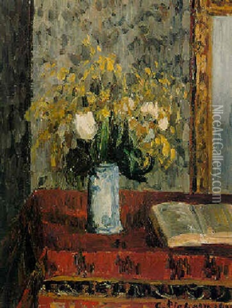 Le Vase De Fleurs, Tulipes Et Genets Oil Painting - Camille Pissarro
