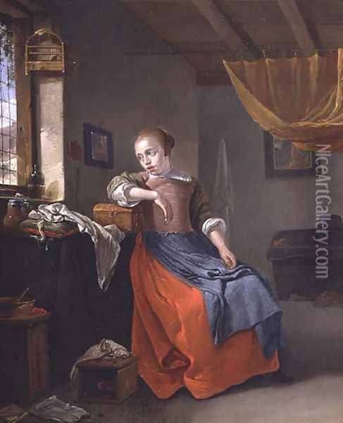 A Seated Woman in an Interior Gazing out of the Window Oil Painting - Thomas Wyck