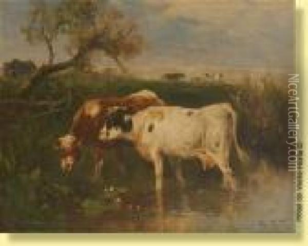 Vaches S'abreuvant Oil Painting - Henry Schouten